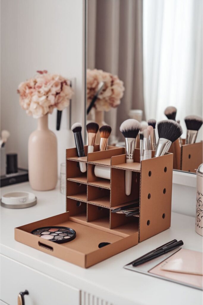 Cardboard makeup brush holder on a vanity table in a bedroom