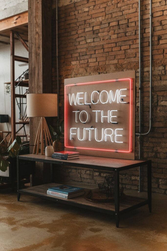 Cardboard neon-style sign glowing with LED strips on a table