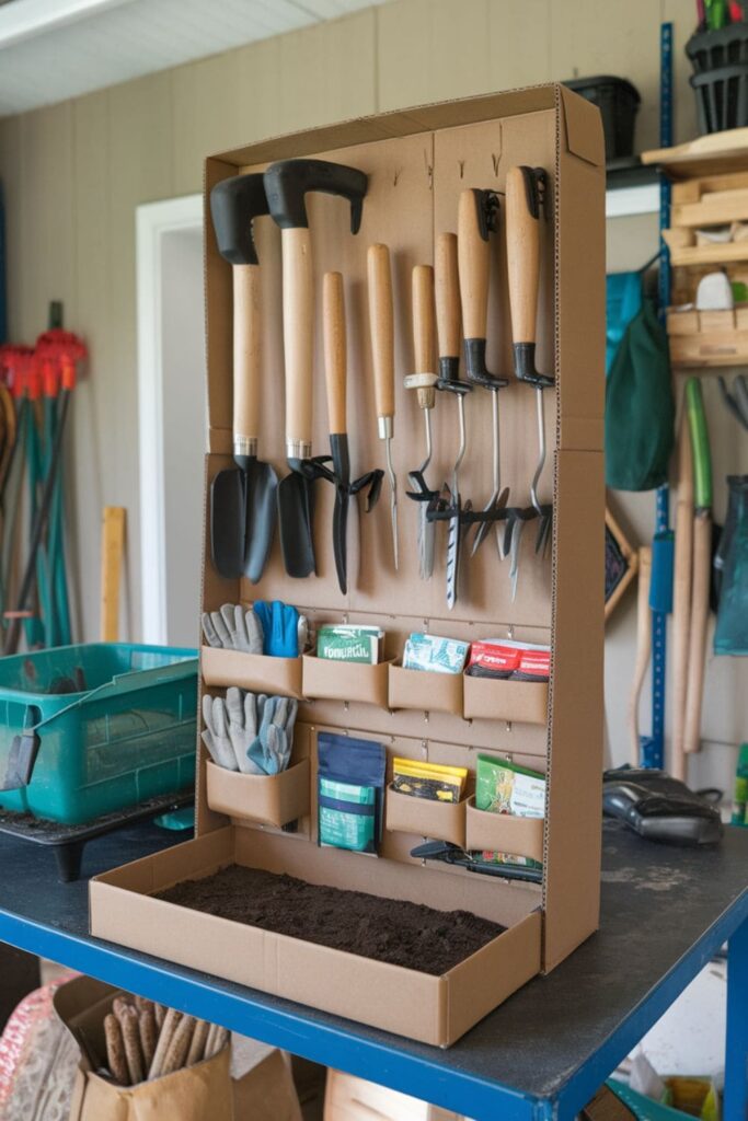 Cardboard organizer for gardening tools on a table in a garage