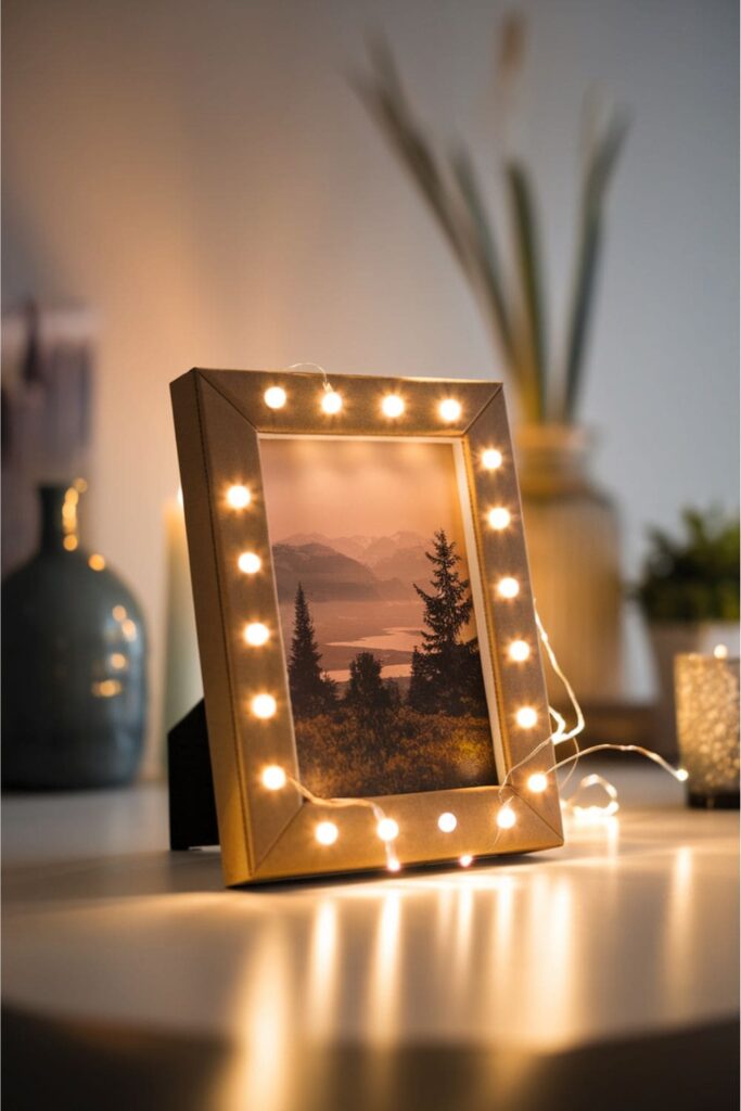 Cardboard photo frame with LED lights highlighting the image on a table