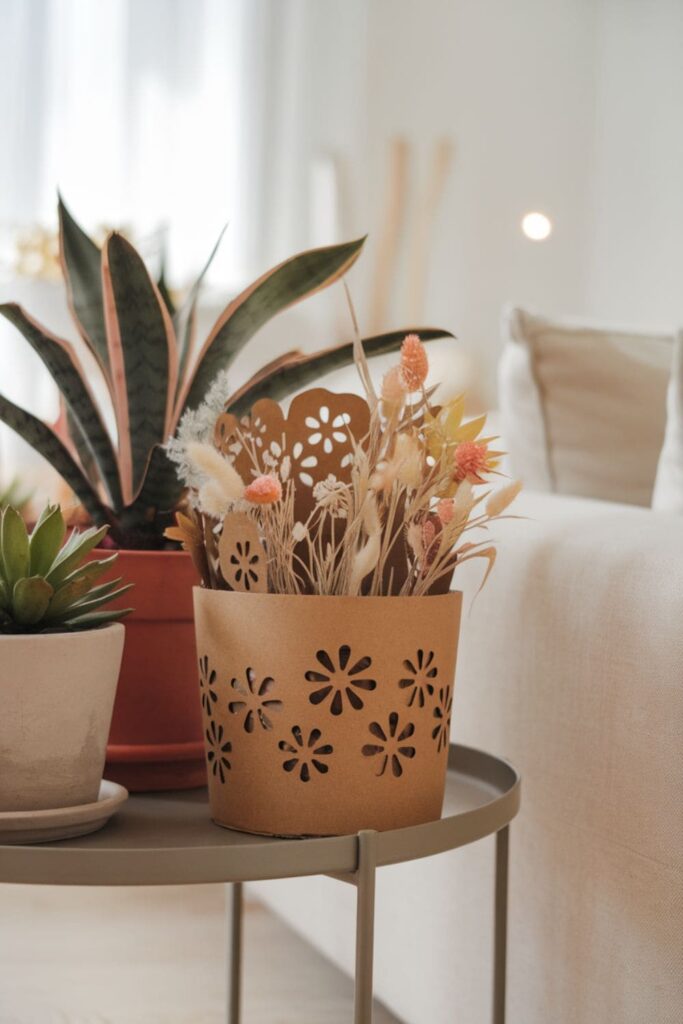 Cardboard plant pot covers with flower cutouts on a table in a bright room