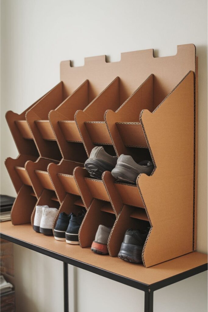 Cardboard shoe rack with angled shelves on a table in an entryway