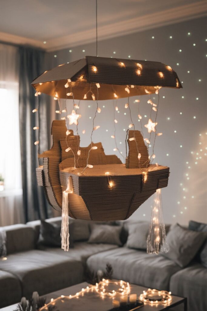 Cardboard sky islands with LED stars and waterfalls on a table