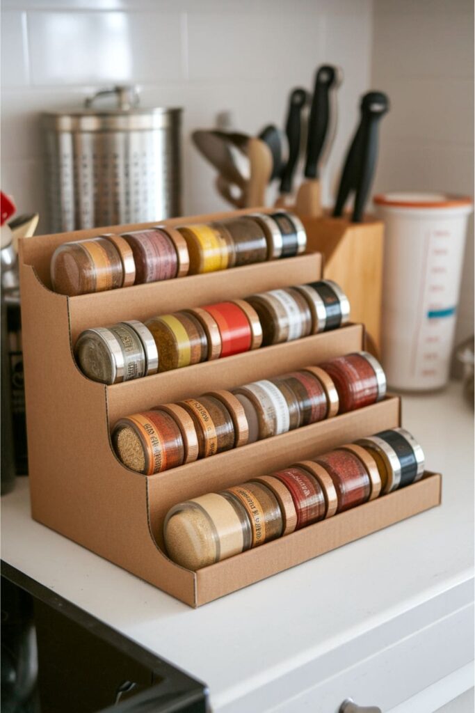 Cardboard spice organizer on a kitchen table with spice jars