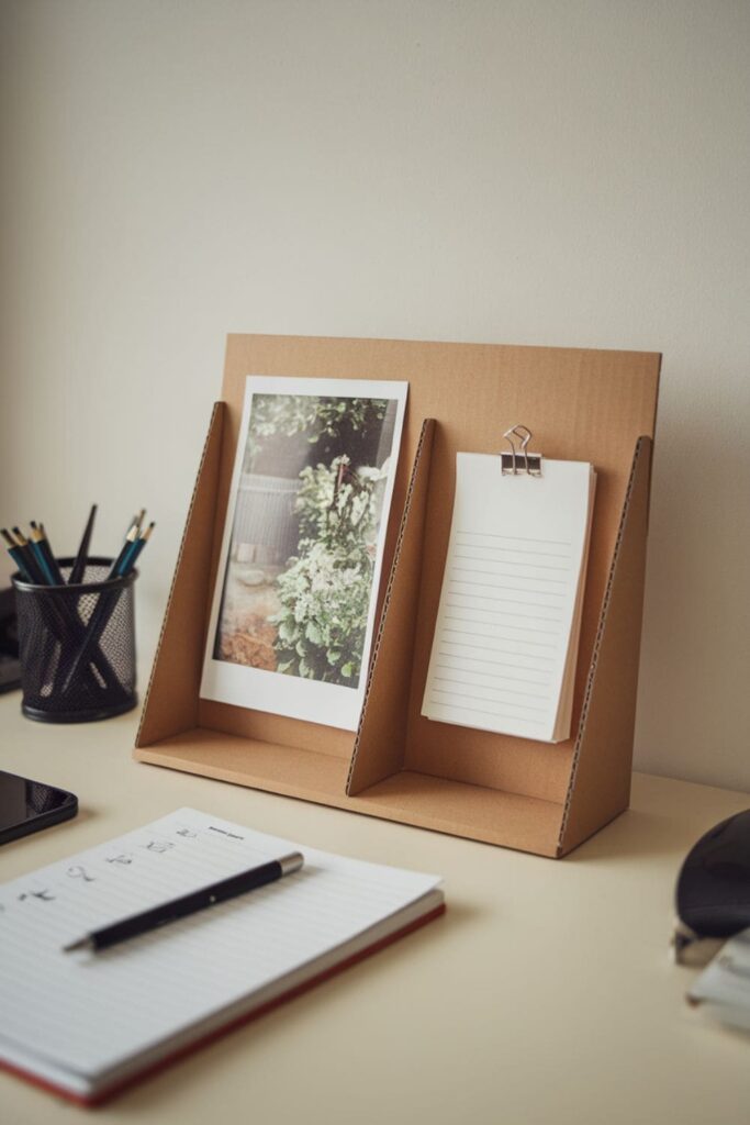 Cardboard stand holding a photo and notepad