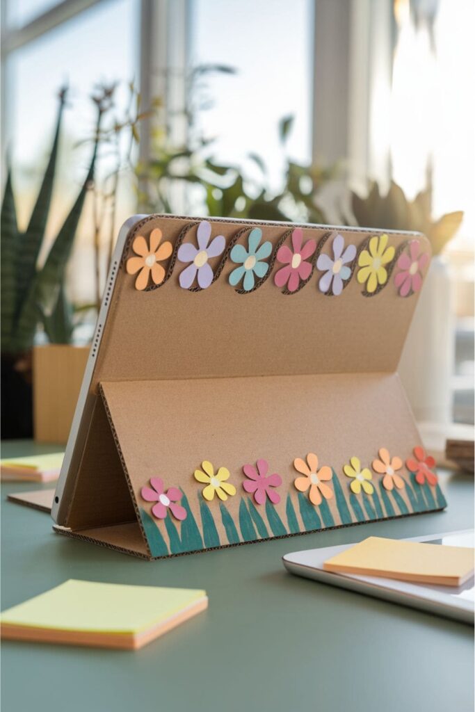 Cardboard tablet stand with flower cutouts on a desk with sticky notes