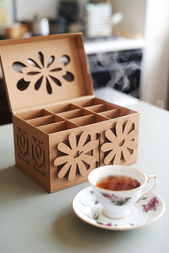 Cardboard tea box with floral dividers and cutouts on a table in a kitchen