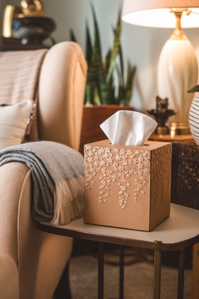 Cardboard tissue box cover with cascading flower patterns on a side table