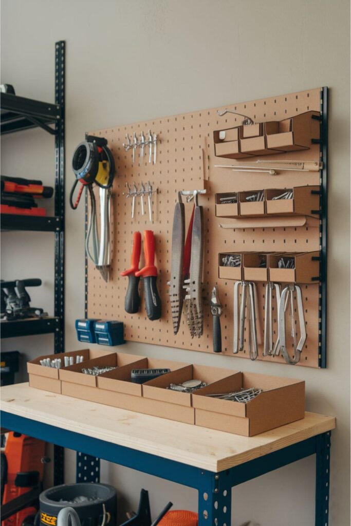 Cardboard tool rack on a table in an organized garage