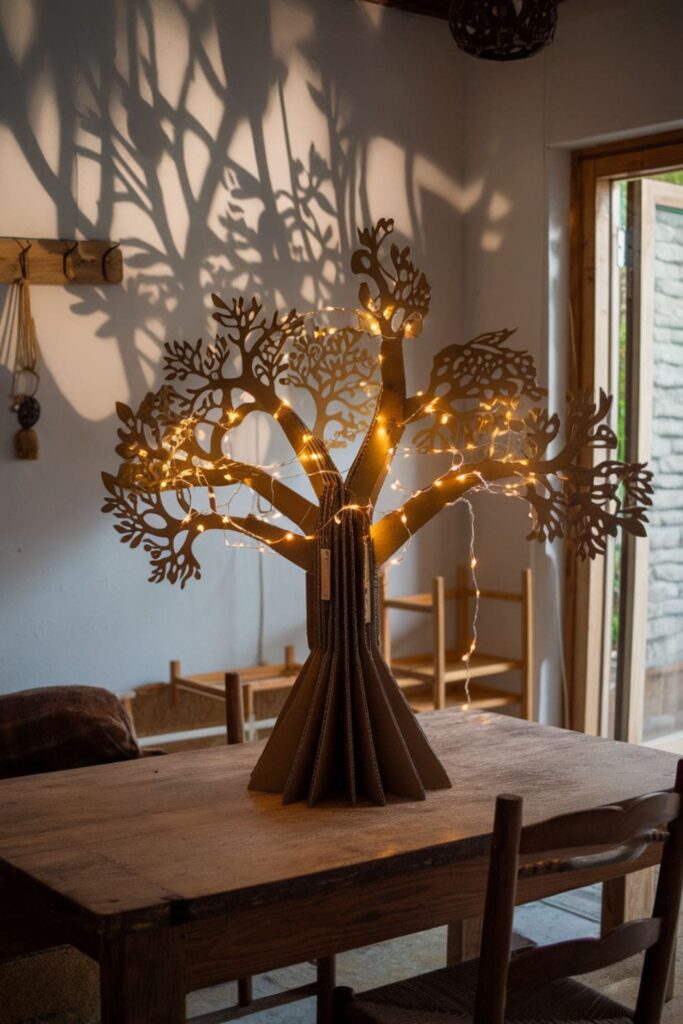 Cardboard tree sculpture with glowing branches and leaves on a table