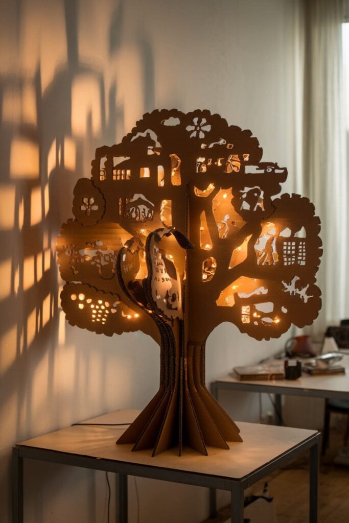 Cardboard tree with glowing cutouts showing day and night designs on a table