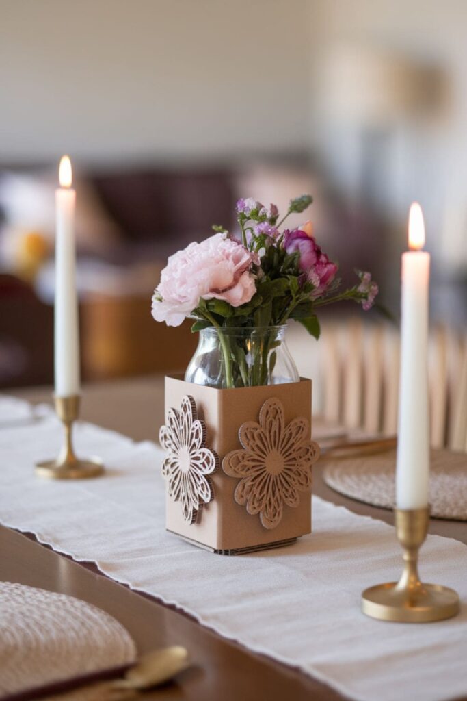 Cardboard vase cover with layered flower patterns on a dining table