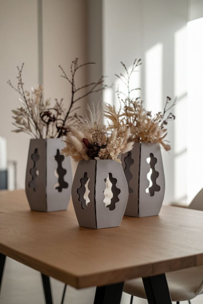 Cardboard vases with cutout designs, painted in stone-effect, on a wooden table