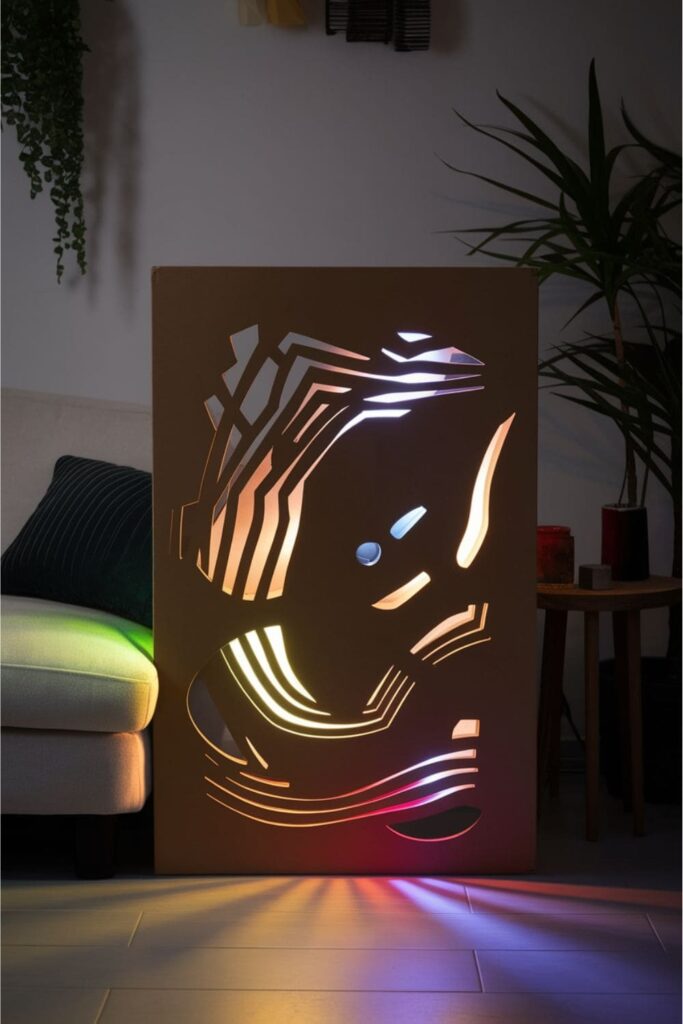 Cardboard wall art with glowing abstract cutouts on a table