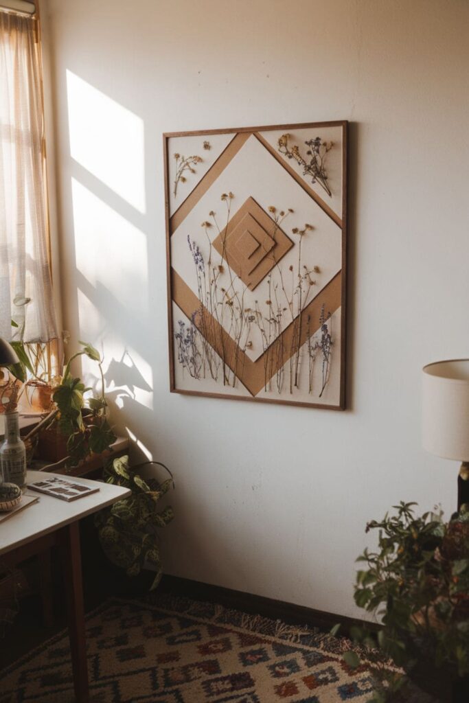 Cardboard wall art with pressed wildflowers and geometric layers on a table in a cozy room