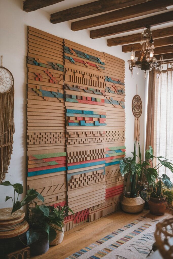 Cardboard wall panels with Aztec-style patterns and earthy tones