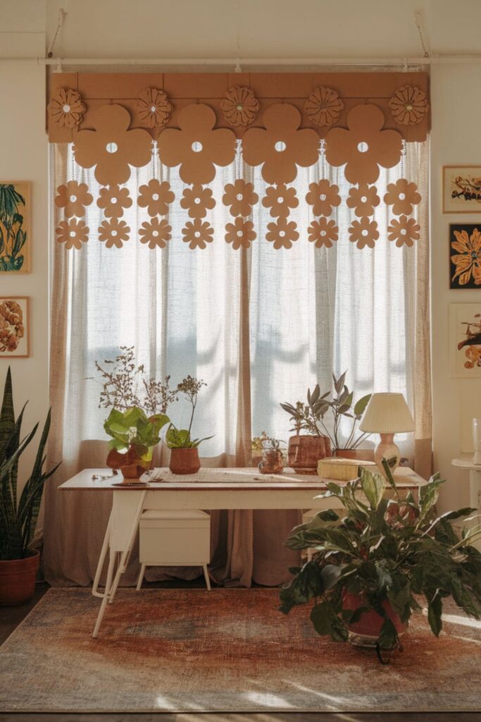 Cardboard window valance with floral cutouts on a table near a sunny window