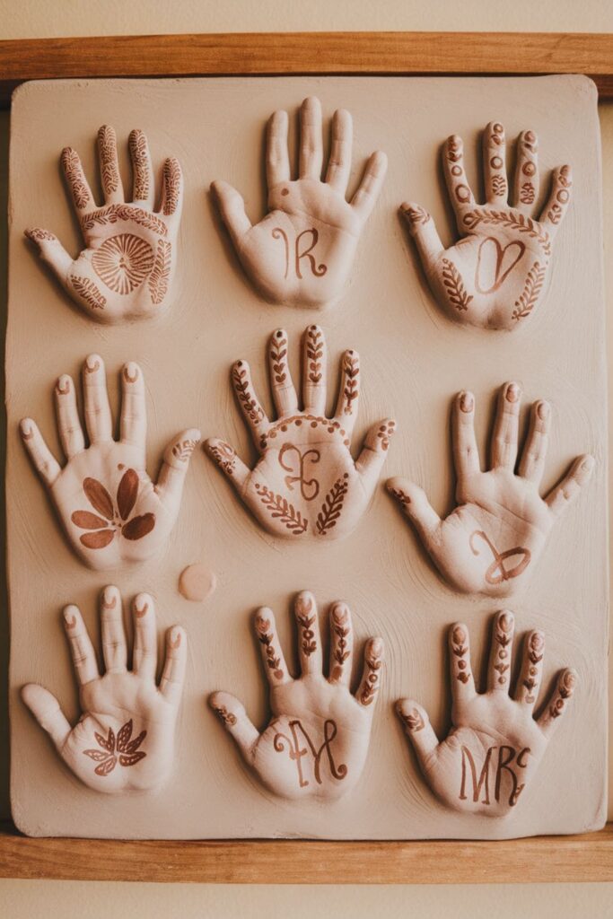 Clay plaque with multiple family handprints