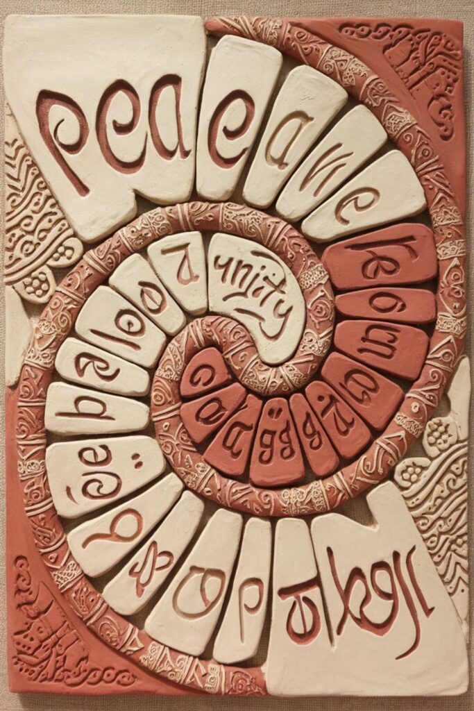 Clay wall art featuring calligraphic words and intricate patterns