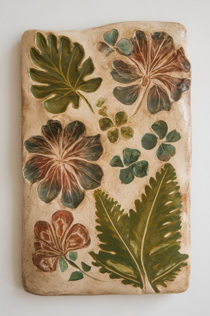 Clay wall hanging with fossil-like plant impressions