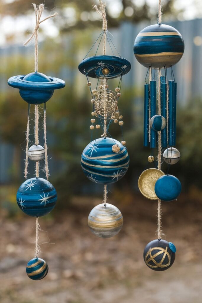 Clay wind chimes with planetary symbols and cosmic designs