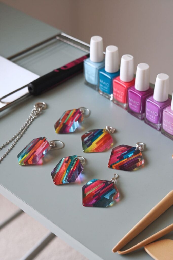 Colorful hot glue jewelry pieces with geometric designs on a table