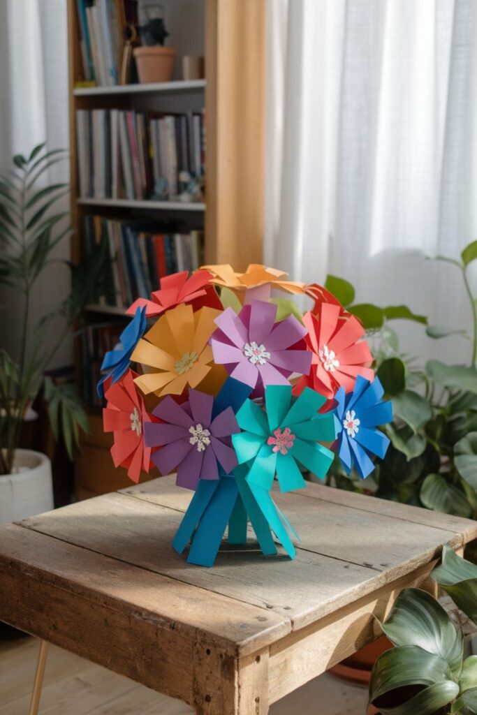 Colorful paper flowers made from A4 sheets on a rustic table