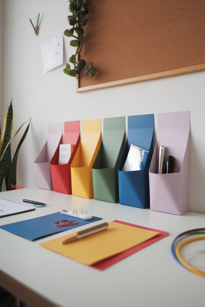 Colorful paper wall pockets from A4 sheets displayed on a table