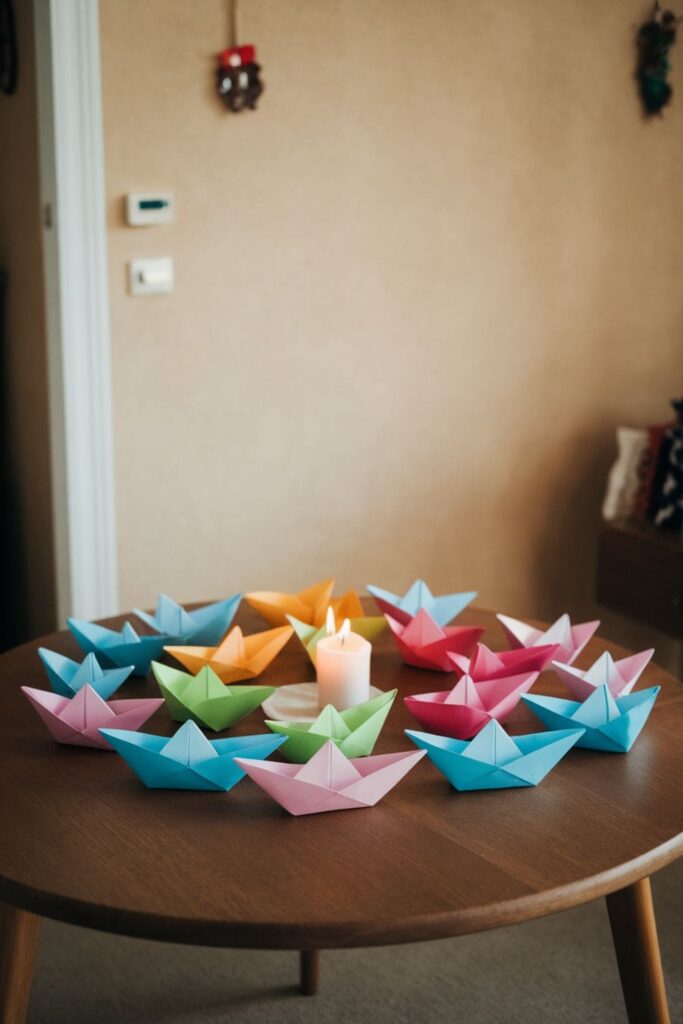 Colorful sticky note paper boats with sails and flags