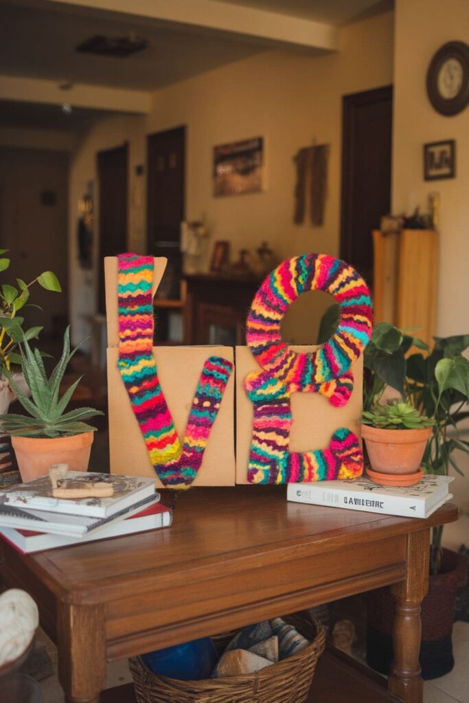 Colorful wool-wrapped cardboard letter on a table