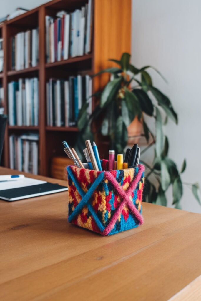 Colorful wool-wrapped cardboard pencil holder on a deskColorful wool-wrapped cardboard pencil holder on a desk