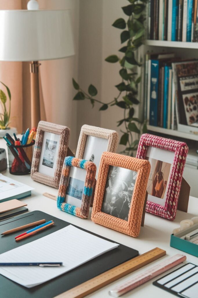 Colorful wool-wrapped cardboard picture frames on a desk