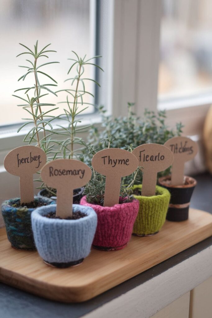 Colorful wool-wrapped cardboard plant markers in pots