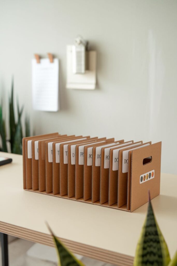 Compact cardboard filing system with labeled tabs