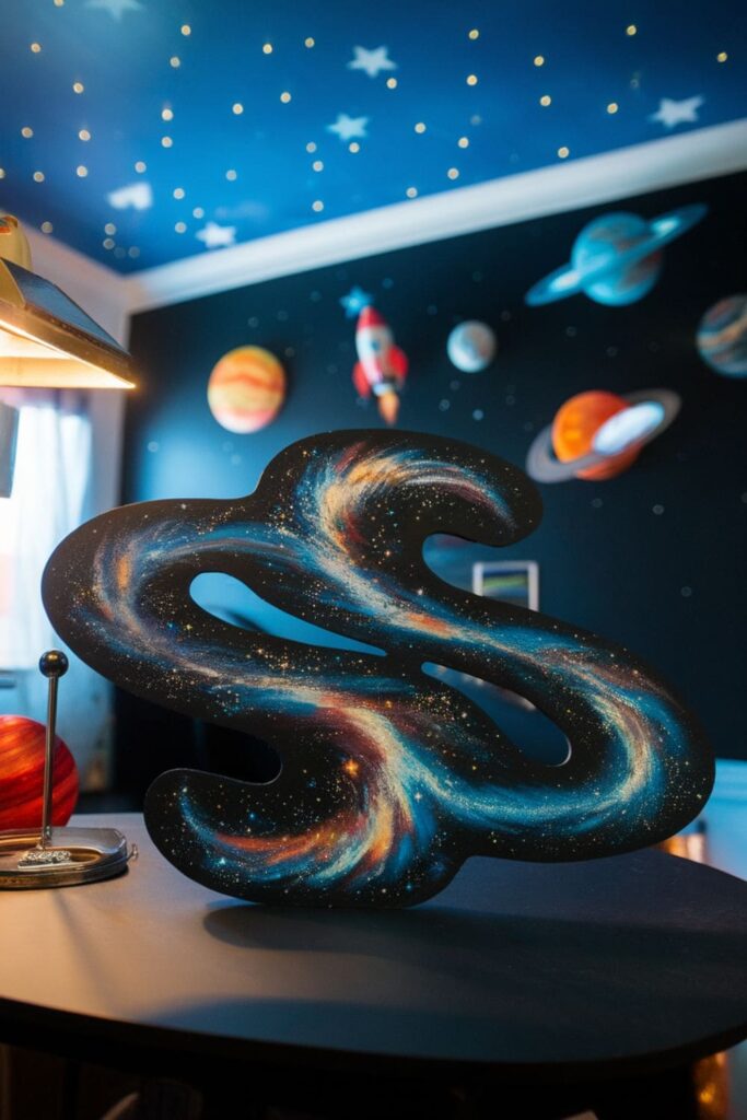 Cosmic hot glue galaxy design with metallic and glow-in-the-dark paint on a table