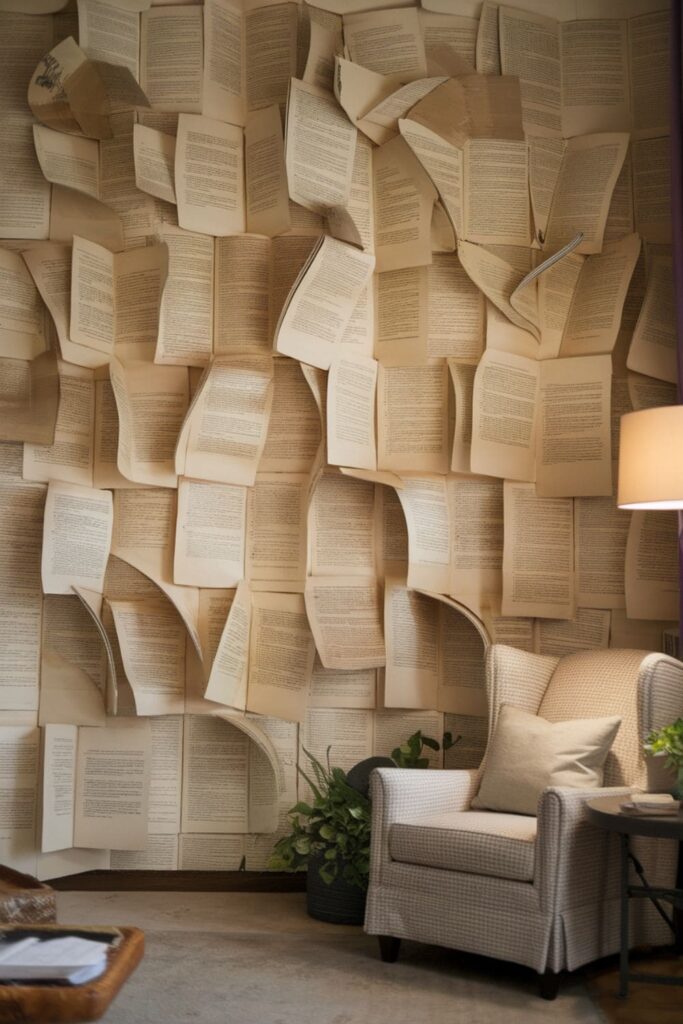 Curved cardboard pieces resembling open book pages on a wall