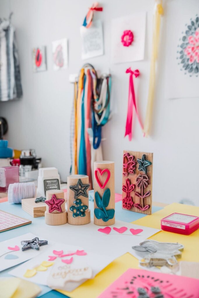 Custom hot glue stamps with ink and cards on a craft table