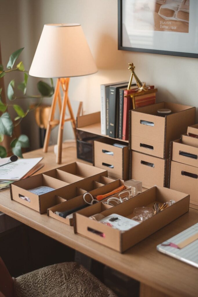 Customizable cardboard drawer inserts on a desk in a home office