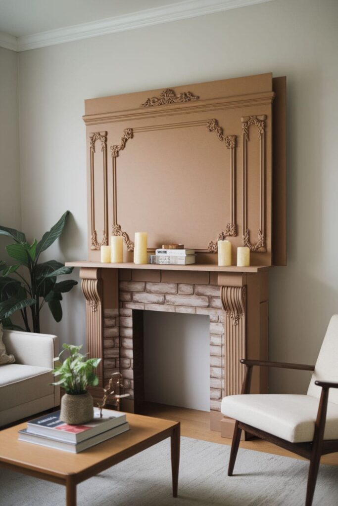 Decorative cardboard fireplace surround with molding on a table