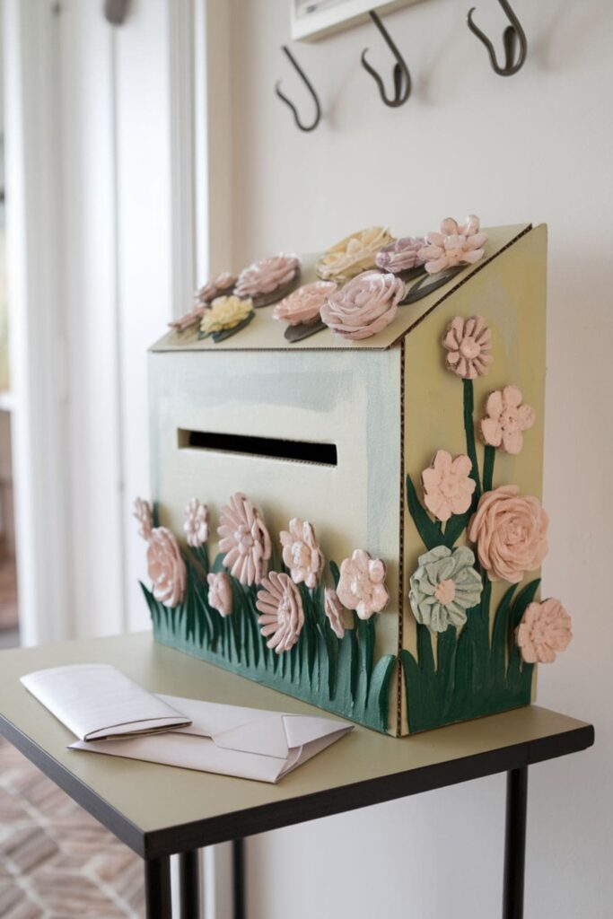 Decorative cardboard mail slot cover with floral patterns on a table in a hallway