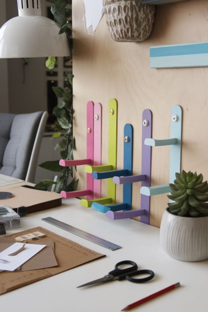 Decorative hot glue wall hooks in vibrant colors on a table