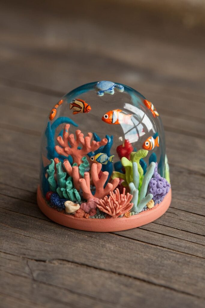 Dome-shaped clay paperweight with tiny marine designs