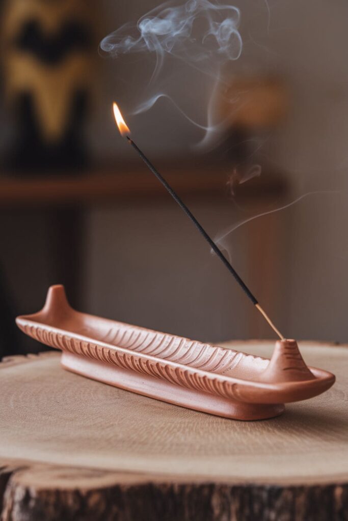 Elongated clay incense holder with a raised end and textured base