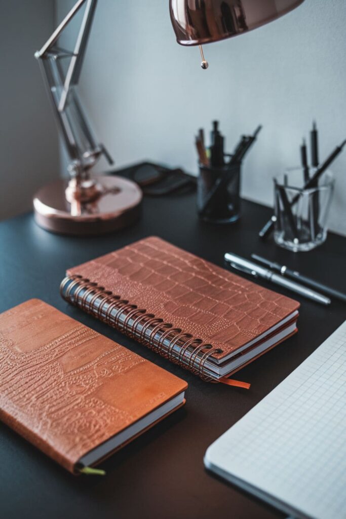 Embossed notebook covers made with hot glue on a desk