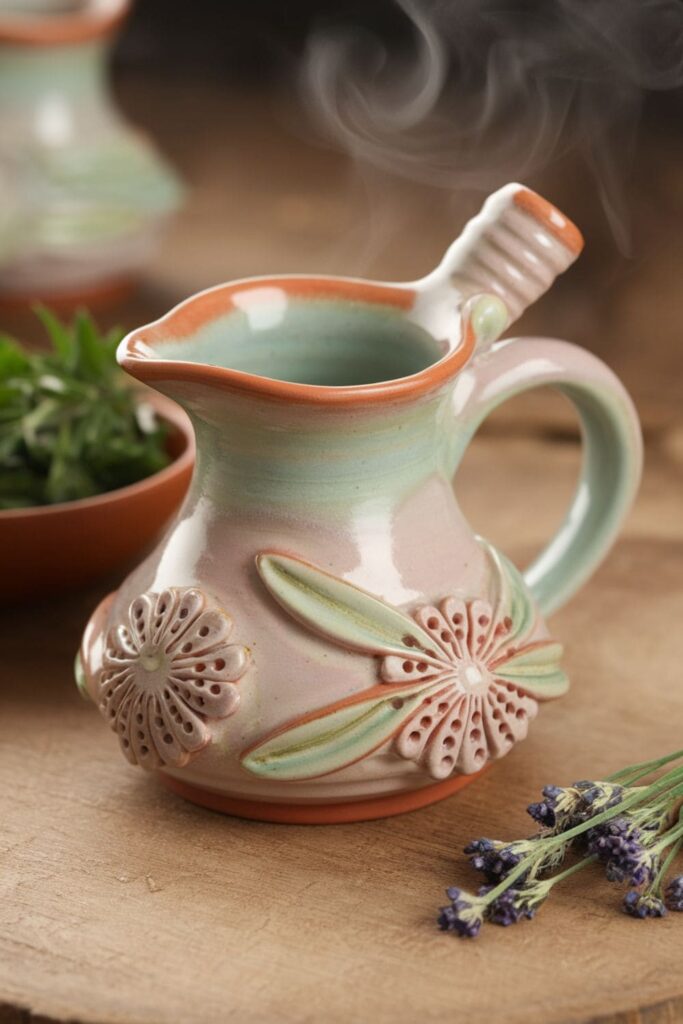 Ergonomic clay steam cup with floral patterns