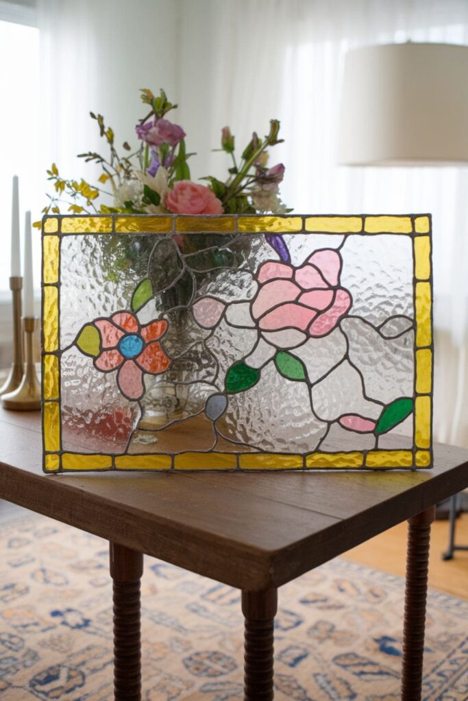 Faux stained glass panel with floral patterns made of hot glue on a table