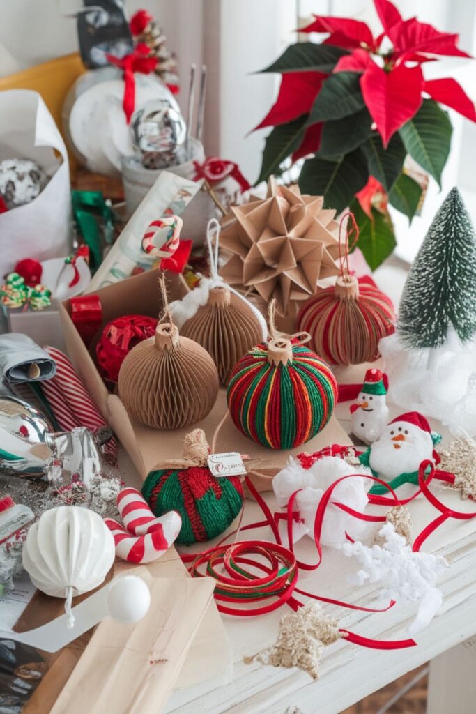 Festive wool-wrapped cardboard holiday ornaments on a table