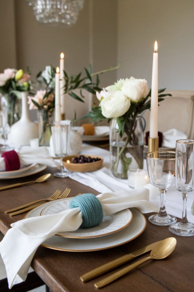 Festive wool-wrapped cardboard napkin rings on a dining table