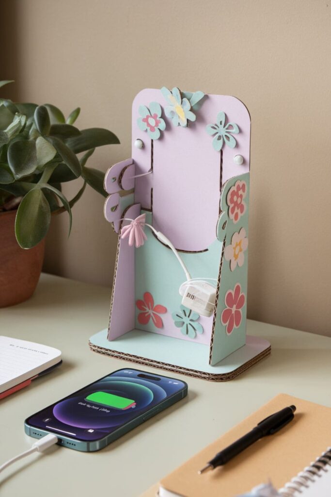 Floral cardboard phone charging station on a desk with a phone and notebook