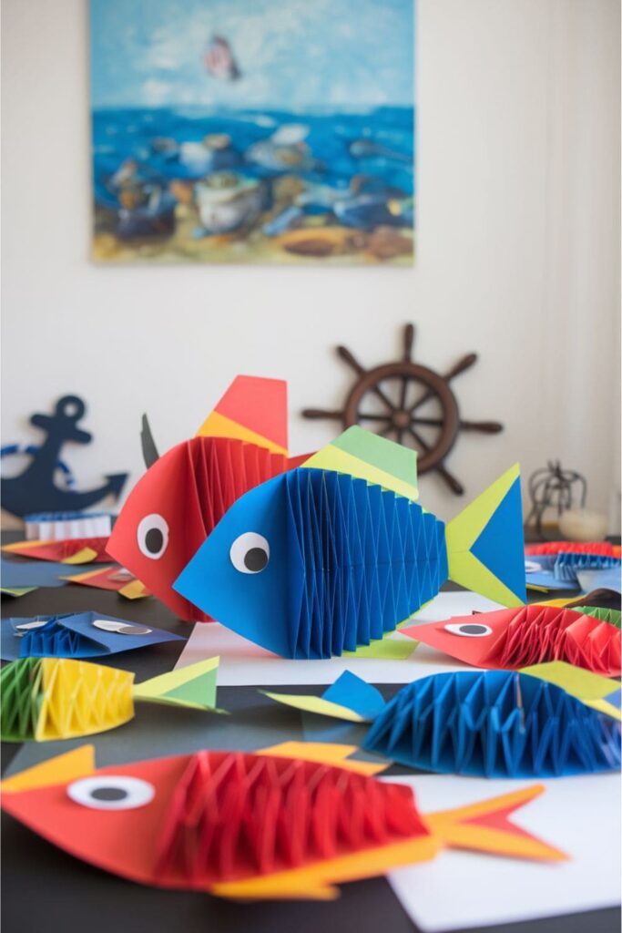 Folded paper fish from brightly colored A4 sheets on a table